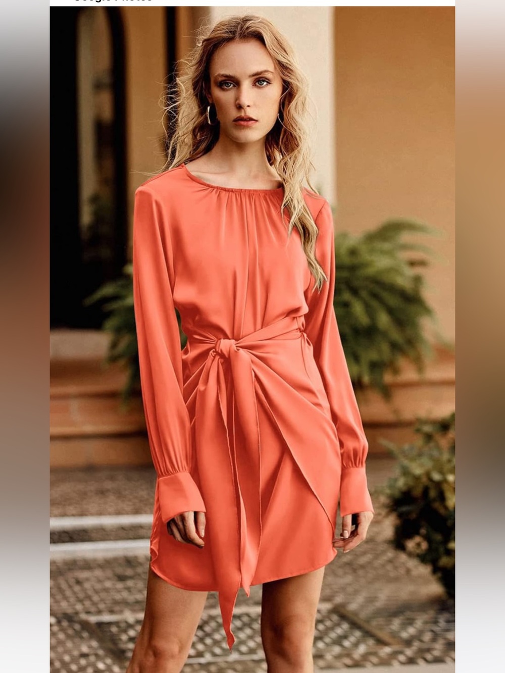 Pretty Garden Women’s Tie-Waist Long Sleeve Satin Dress in Cappucino